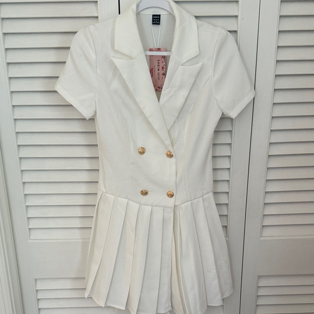 Cream Double-Breasted Dress with Gold Buttons